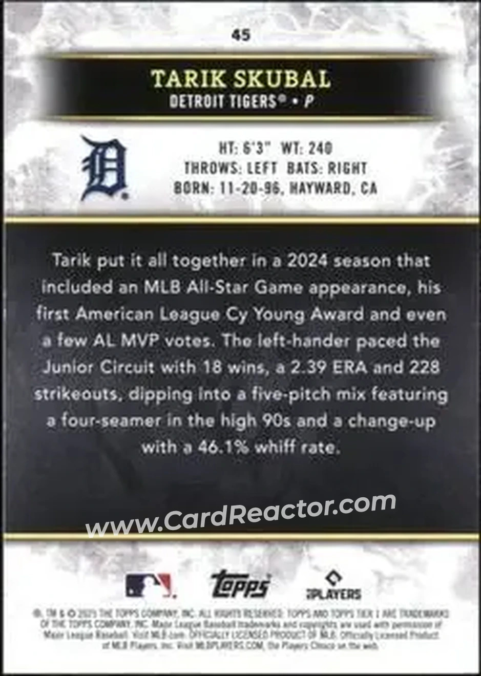 2025 Topps Tier One - Holo Silver Foil #45 - Tarik Skubal - Detroit Tigers - Back