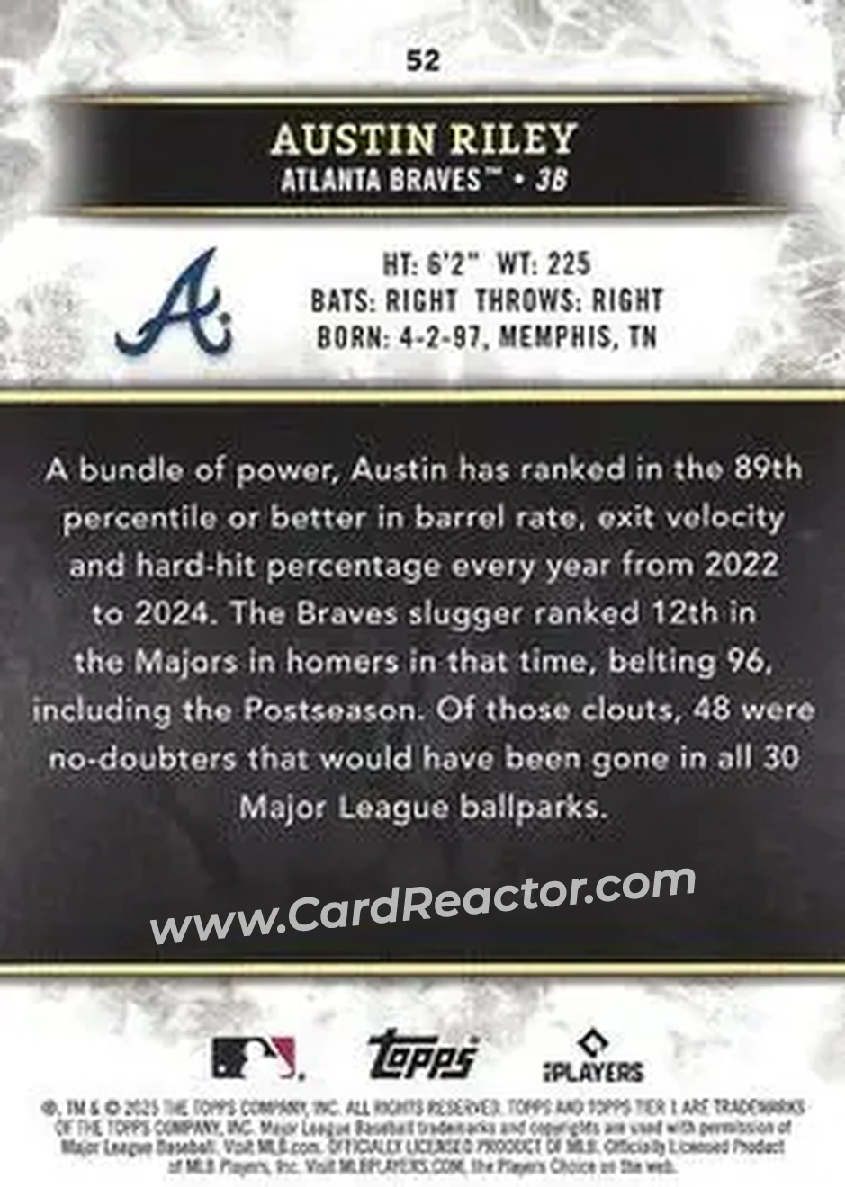 2025 Topps Tier One - Holo Silver Foil #52 - Austin Riley - Atlanta Braves - Back