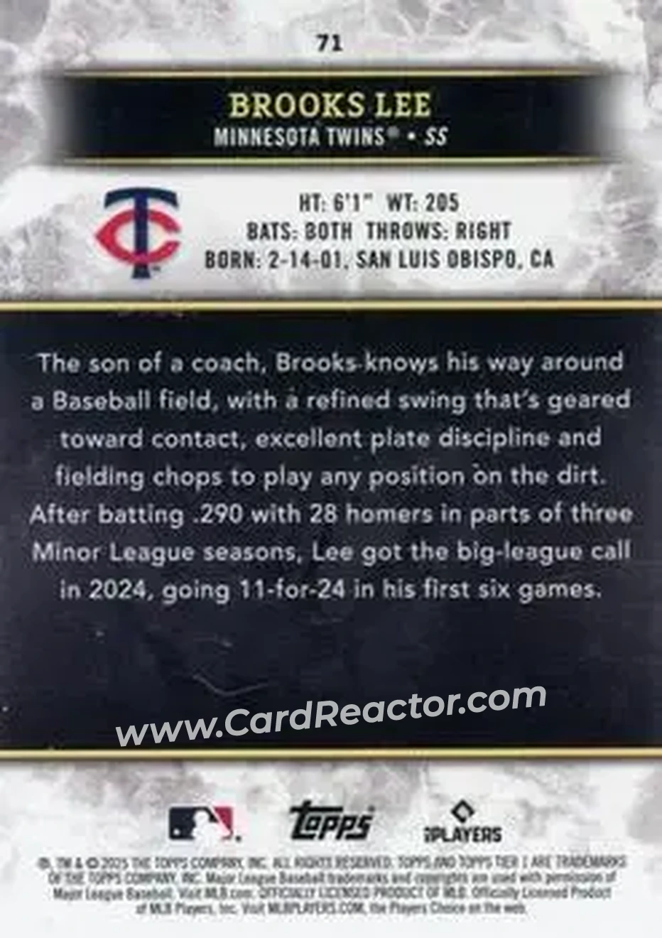 2025 Topps Tier One - Holo Silver Foil #71 - Brooks Lee - Minnesota Twins - Back 2025 Topps Tier One - Holo Silver Foil #71 - Brooks Lee - Minnesota Twins - Back