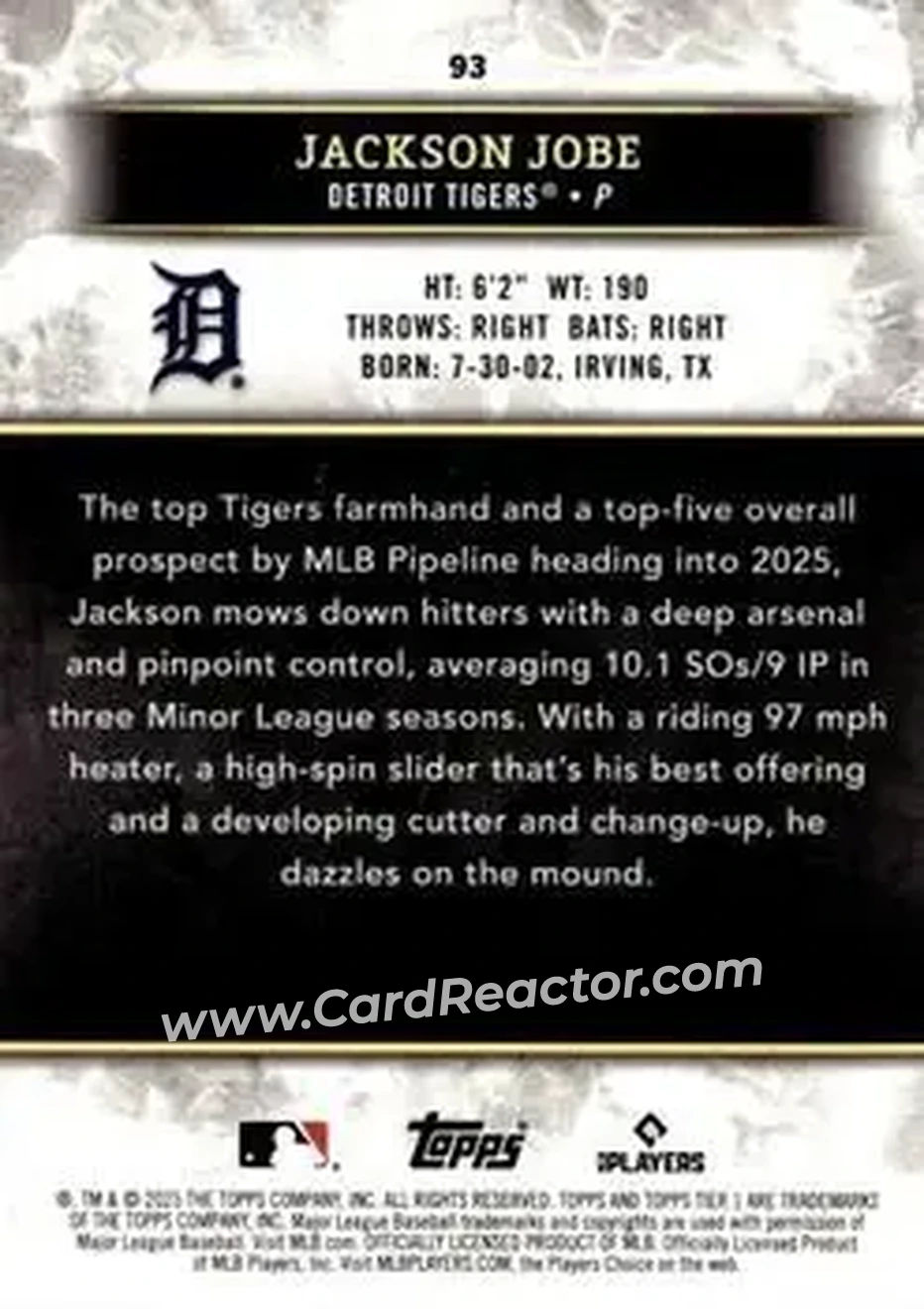 2025 Topps Tier One - Holo Silver Foil #93 - Jackson Jobe - Detroit Tigers - Back