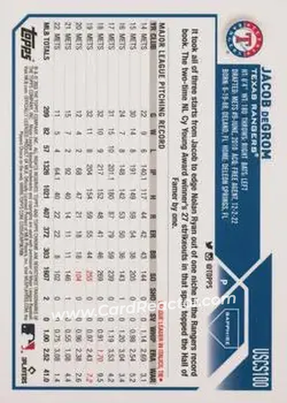 2023 Topps Chrome Update Sapphire Edition - Black #USCS100 - Jacob deGrom - Texas Rangers - Back 2023 Topps Chrome Update Sapphire Edition - Black #USCS100 - Jacob deGrom - Texas Rangers - Back