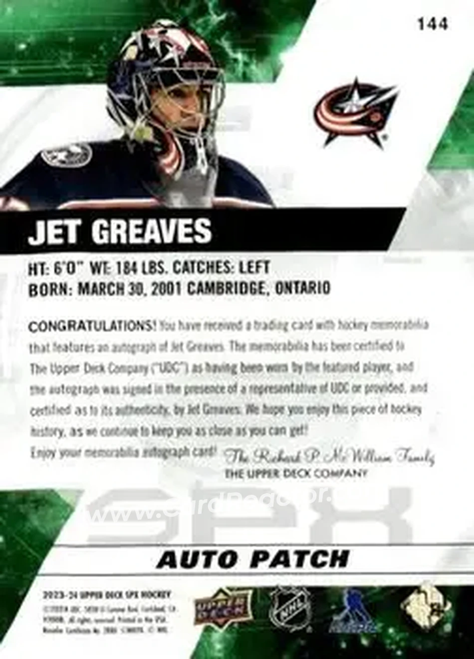 2023-24 SPx - Autographs Patch #144 - Jet Greaves - Columbus Blue Jackets - Back