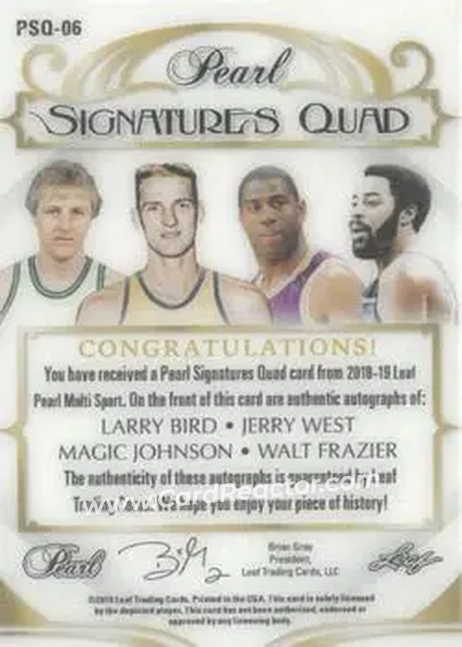 2018-19 Leaf Pearl - Pearl Signatures 4 #PSQ-06 - Larry Bird - Jerry West - Magic Johnson - Walt Frazier AU, SN4 - Back 2018-19 Leaf Pearl - Pearl Signatures 4 #PSQ-06 - Larry Bird - Jerry West - Magic Johnson - Walt Frazier AU, SN4 - Back