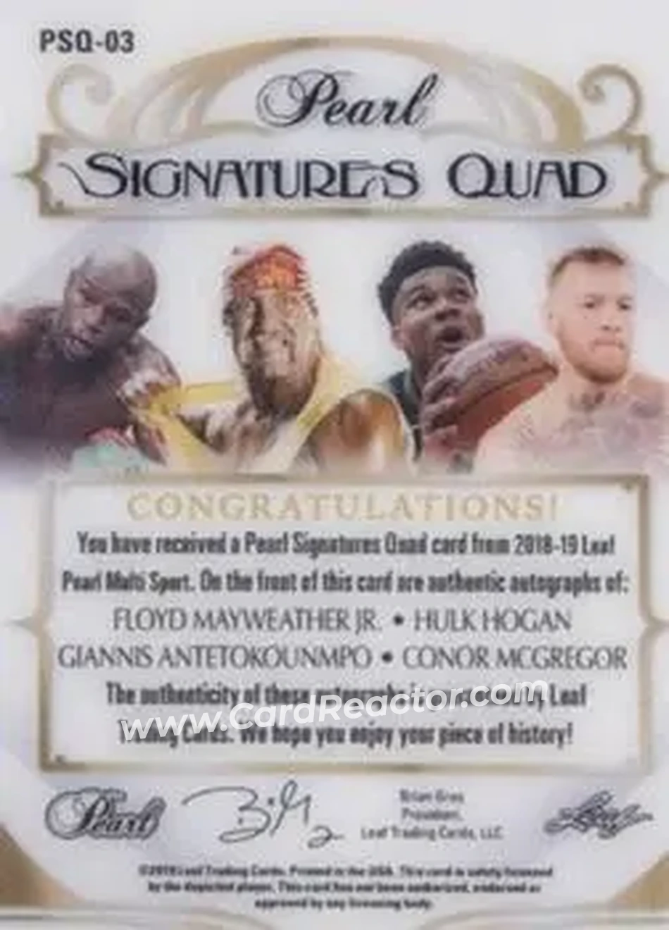 2018-19 Leaf Pearl - Pearl Signatures 4 Purple #PSQ-03 - Floyd Mayweather Jr. - Hulk Hogan - Giannis Antetokounmpo - Conor McGregor AU, SN1 - Back 2018-19 Leaf Pearl - Pearl Signatures 4 Purple #PSQ-03 - Floyd Mayweather Jr. - Hulk Hogan - Giannis Antetokounmpo - Conor McGregor AU, SN1 - Back