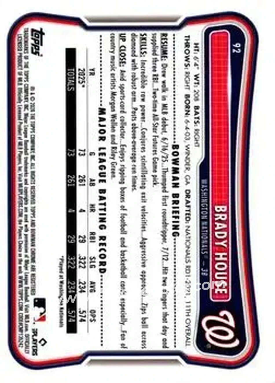 2026 Bowman - Purple Pattern #92 - Brady House - Washington Nationals - Back