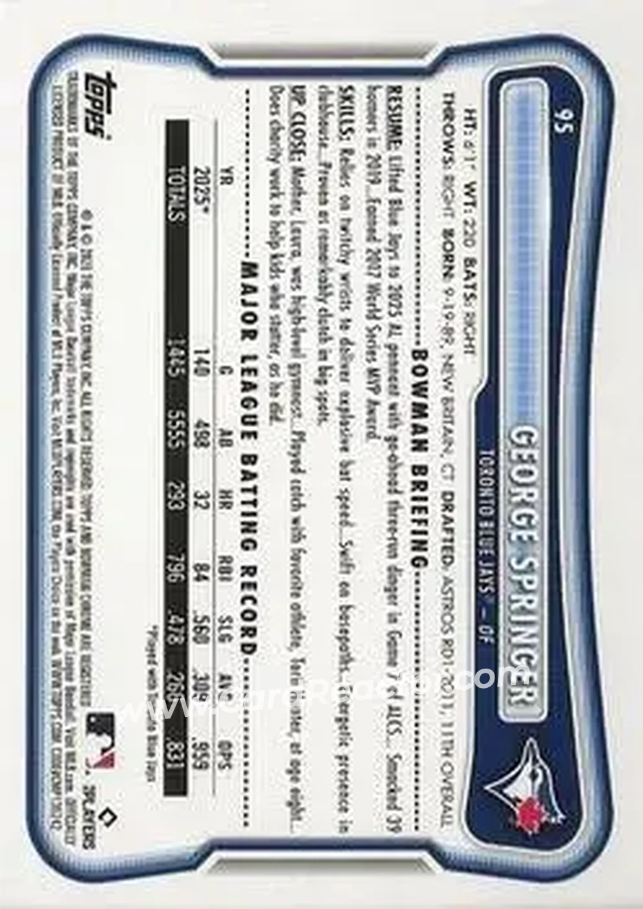 2026 Bowman - Purple Pattern #95 - George Springer - Toronto Blue Jays - Back
