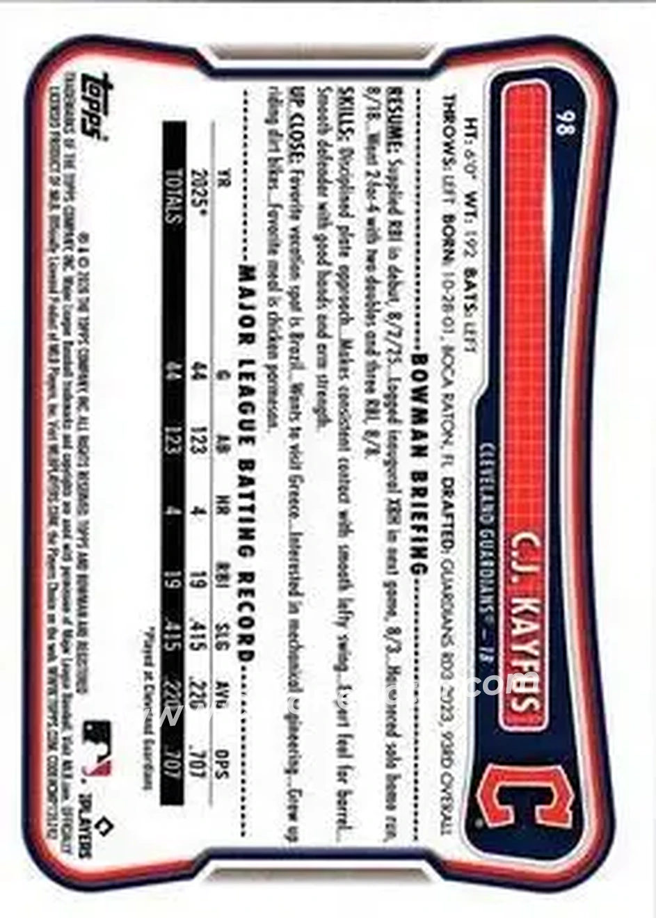 2026 Bowman - Purple Pattern #98 - C.J. Kayfus - Cleveland Guardians - Back