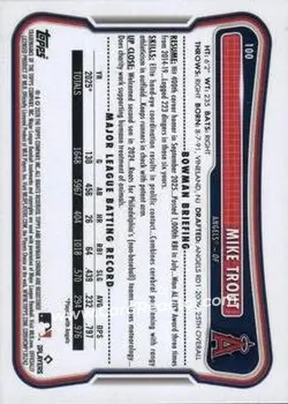2026 Bowman - Purple Pattern #100 - Mike Trout - Los Angeles Angels - Back