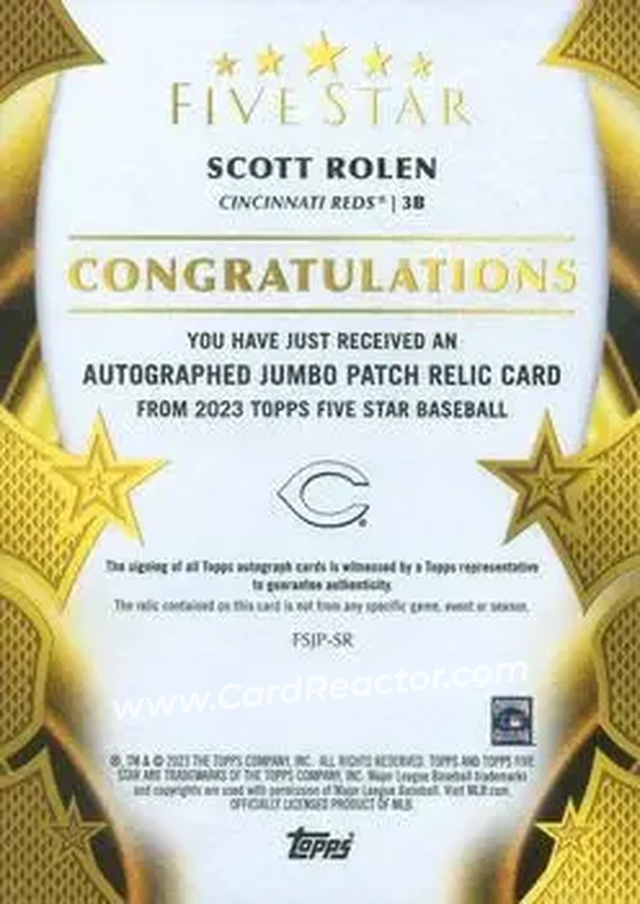 2023 Topps Five Star - Five Star Autographed Jumbo Prime Relics Green #FSJP-SR - Scott Rolen - Cincinnati Reds - Back