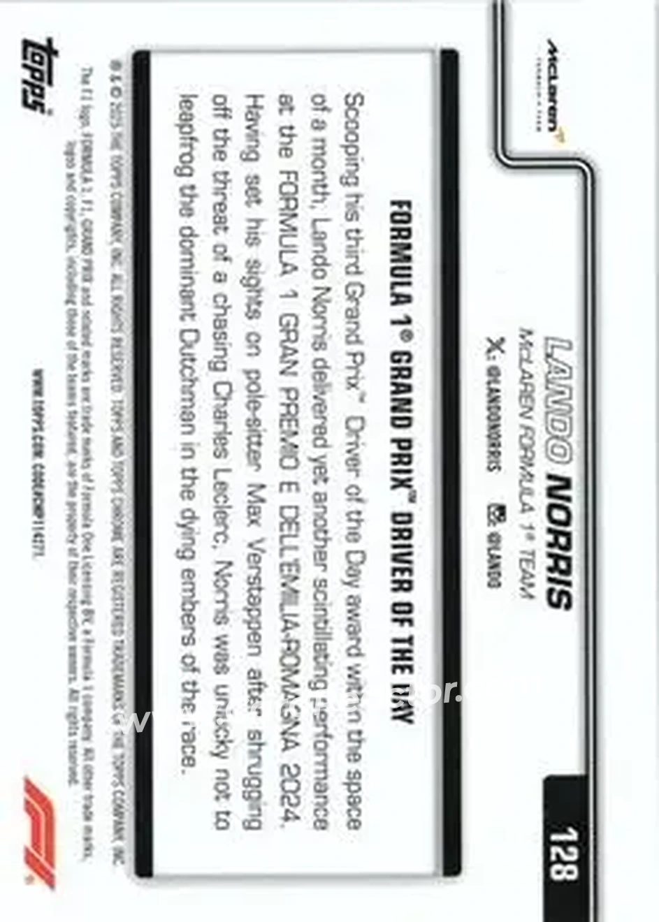 2025 Topps Chrome Sapphire Edition Formula 1 - Orange Sapphire #128 - Lando Norris - McLaren F1 - Back 2025 Topps Chrome Sapphire Edition Formula 1 - Orange Sapphire #128 - Lando Norris - McLaren F1 - Back