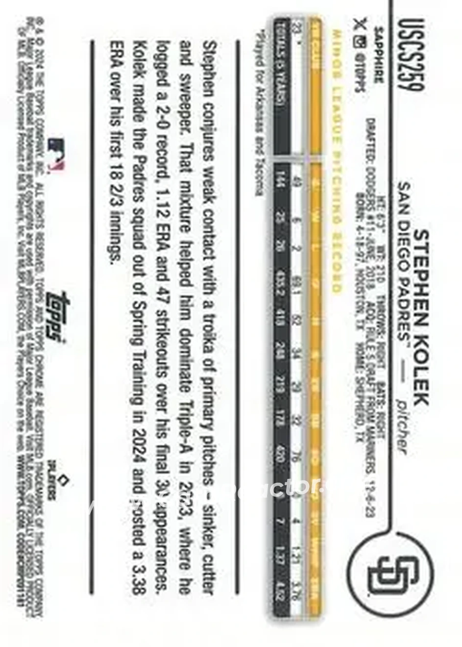 2024 Topps Chrome Update Sapphire Edition - Gold Sapphire #USCS259 - Stephen Kolek - San Diego Padres - Back