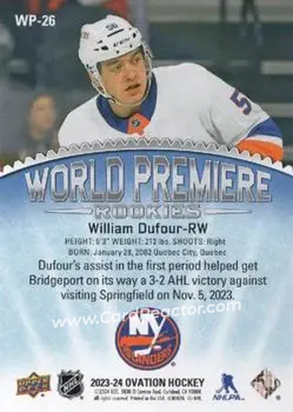2023-24 Upper Deck Ovation - World Premiere Green #WP-26 - William Dufour - New York Islanders - Back