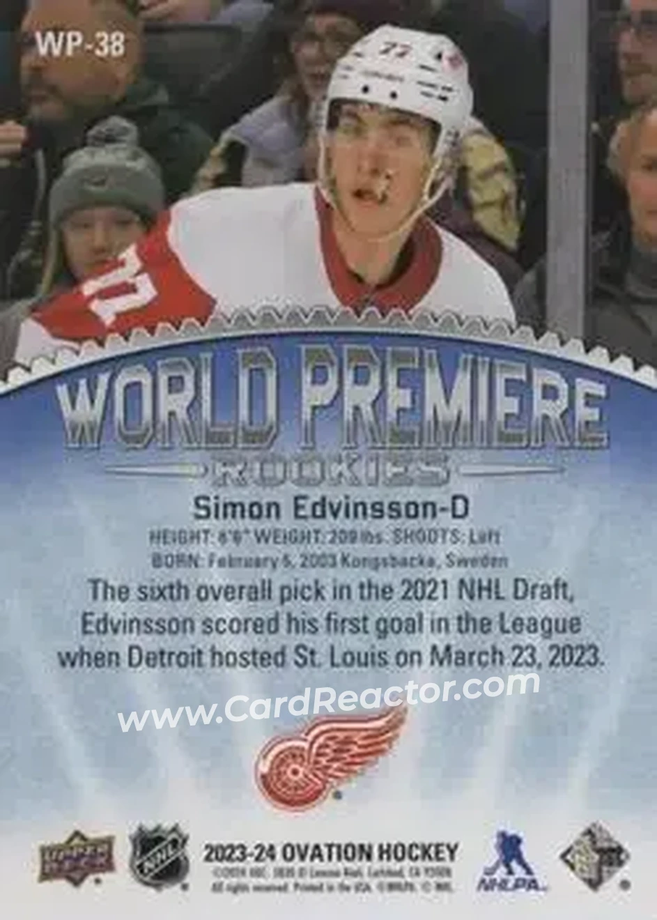 2023-24 Upper Deck Ovation - World Premiere Pink #WP-38 - Simon Edvinsson - Detroit Red Wings - Back