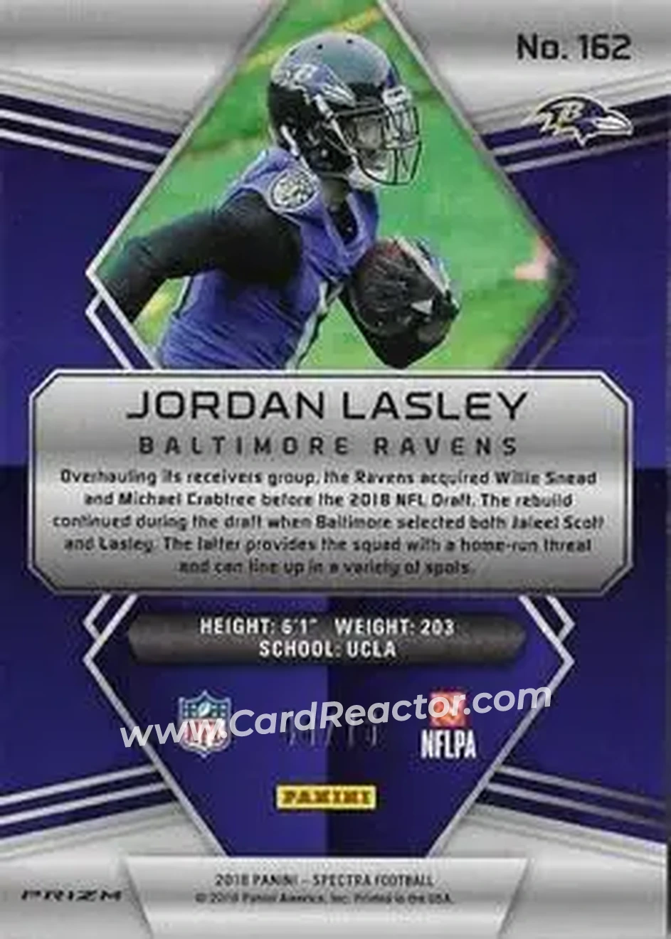 2018 Panini Spectra - Neon Blue #162 - Jordan Lasley - Baltimore Ravens - Back
