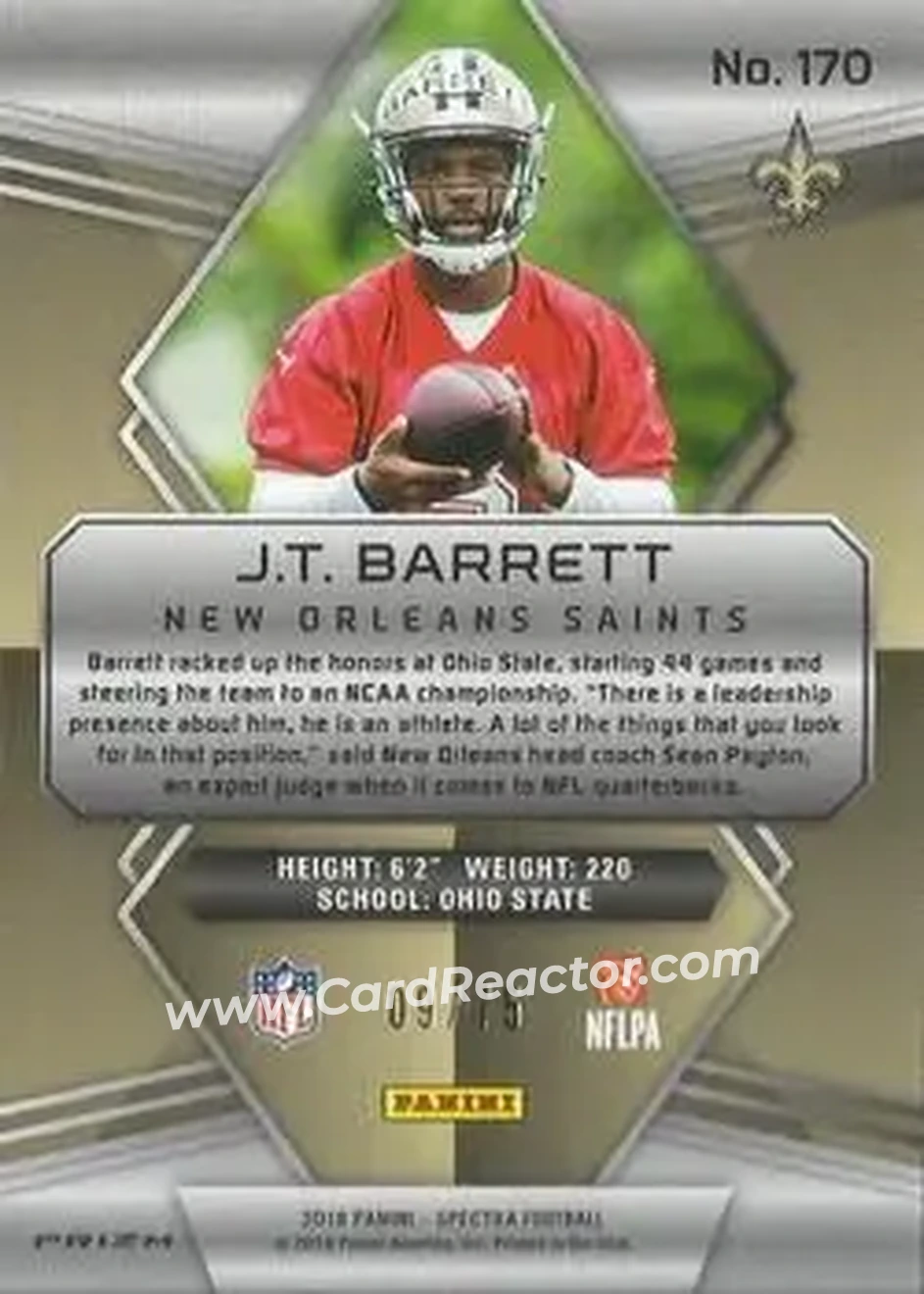 2018 Panini Spectra - Neon Blue #170 - J.T. Barrett - New Orleans Saints - Back