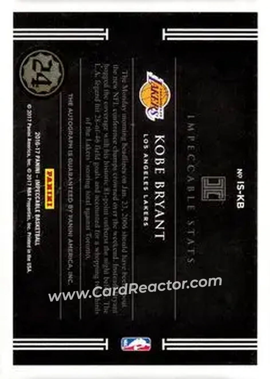 2016-17 Panini Impeccable - Impeccable Stats Autographs #IS-KB - Kobe Bryant - Los Angeles Lakers - Back