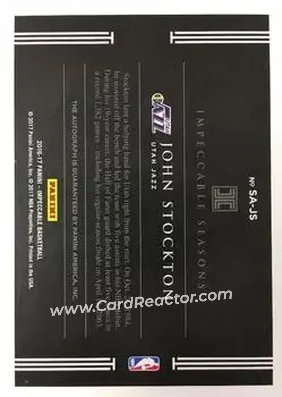 2016-17 Panini Impeccable - Impeccable Season Autographs #SA-JS - John Stockton - Utah Jazz - Back