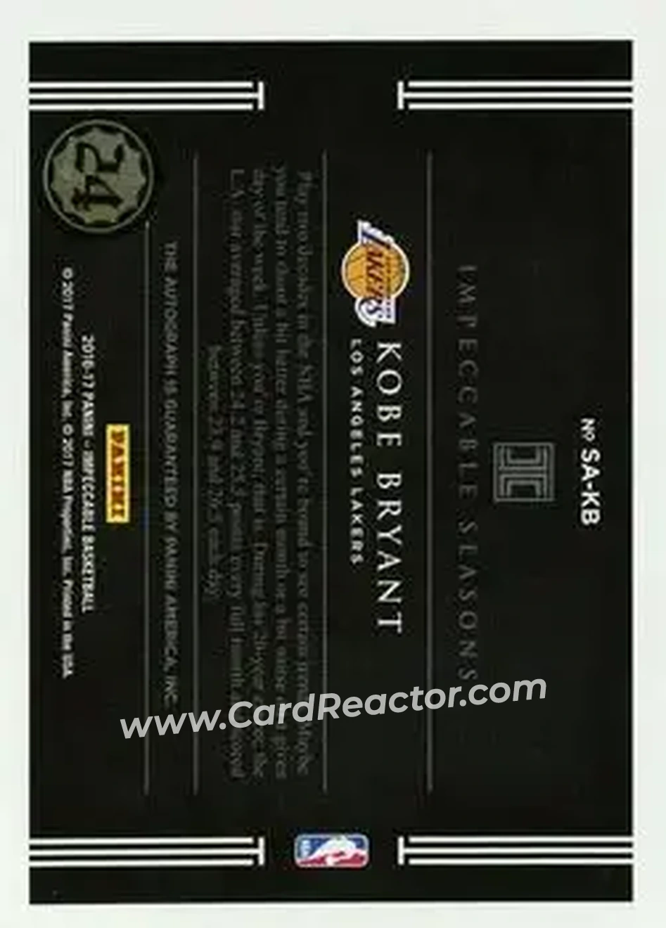 2016-17 Panini Impeccable - Impeccable Season Autographs #SA-KB - Kobe Bryant - Los Angeles Lakers - Back