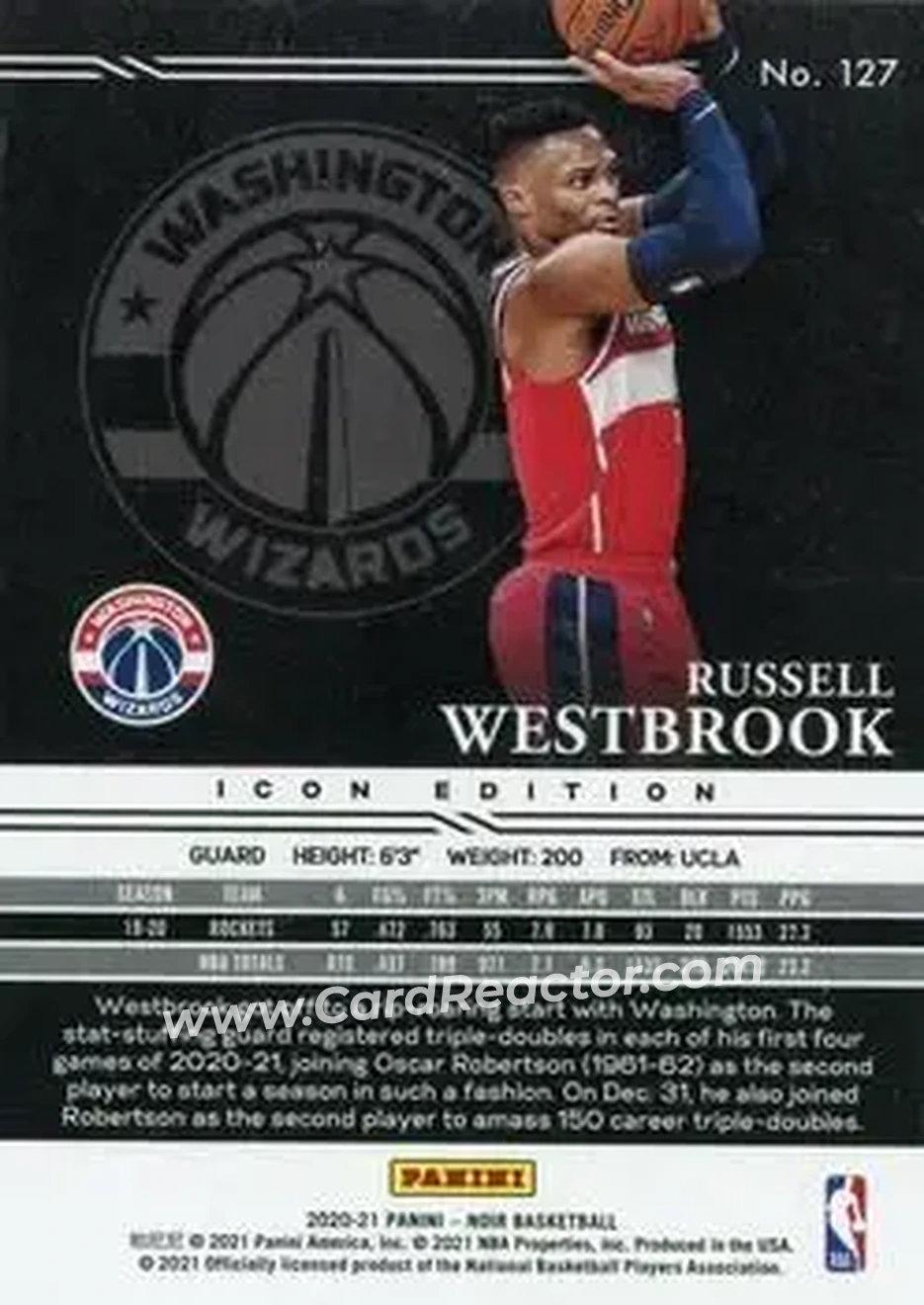 2020-21 Panini Noir - Platinum #127 - Russell Westbrook - Washington Wizards - Back 2020-21 Panini Noir - Platinum #127 - Russell Westbrook - Washington Wizards - Back