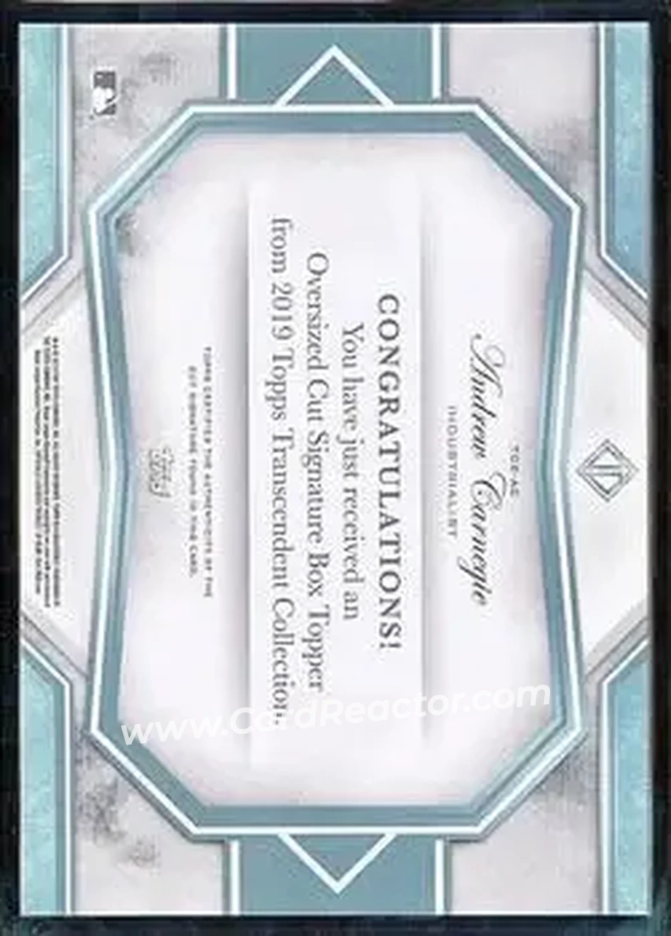2019 Topps Transcendent Collection - Oversized Cut Signatures #TCS-AC - Andrew Carnegie - Back