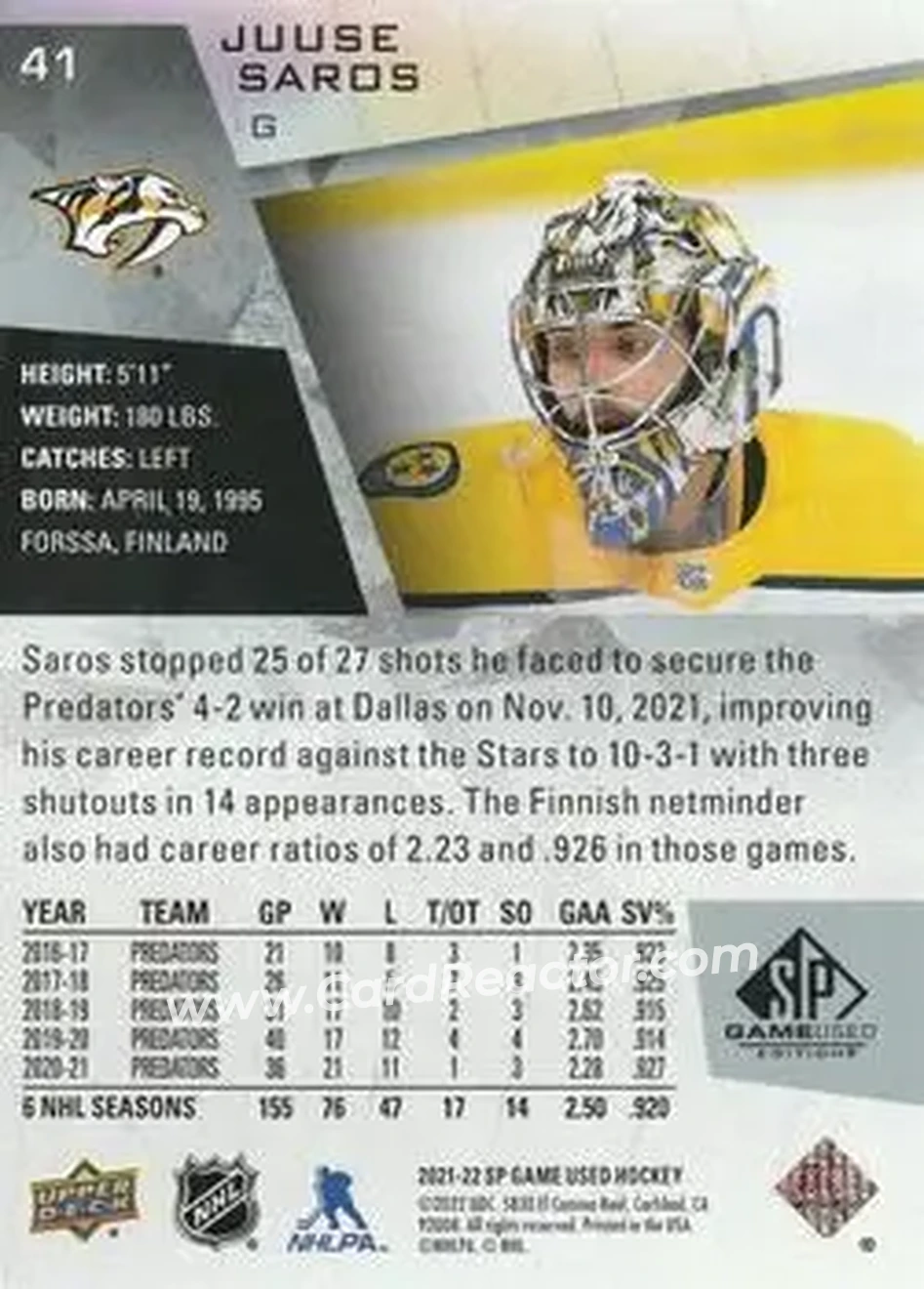 2021-22 SP Game Used #41 - Juuse Saros - Nashville Predators - Back