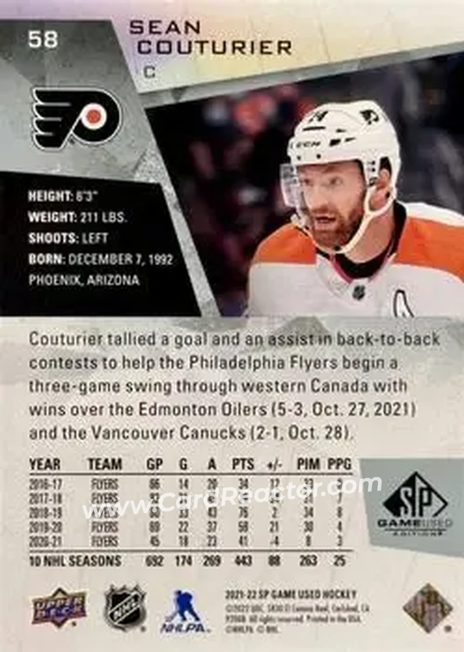 2021-22 SP Game Used #58 - Sean Couturier - Philadelphia Flyers - Back 2021-22 SP Game Used #58 - Sean Couturier - Philadelphia Flyers - Back