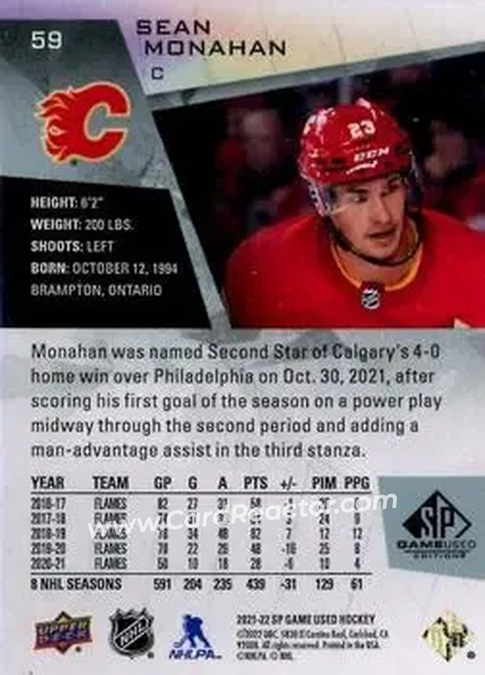 2021-22 SP Game Used #59 - Sean Monahan - Calgary Flames - Back