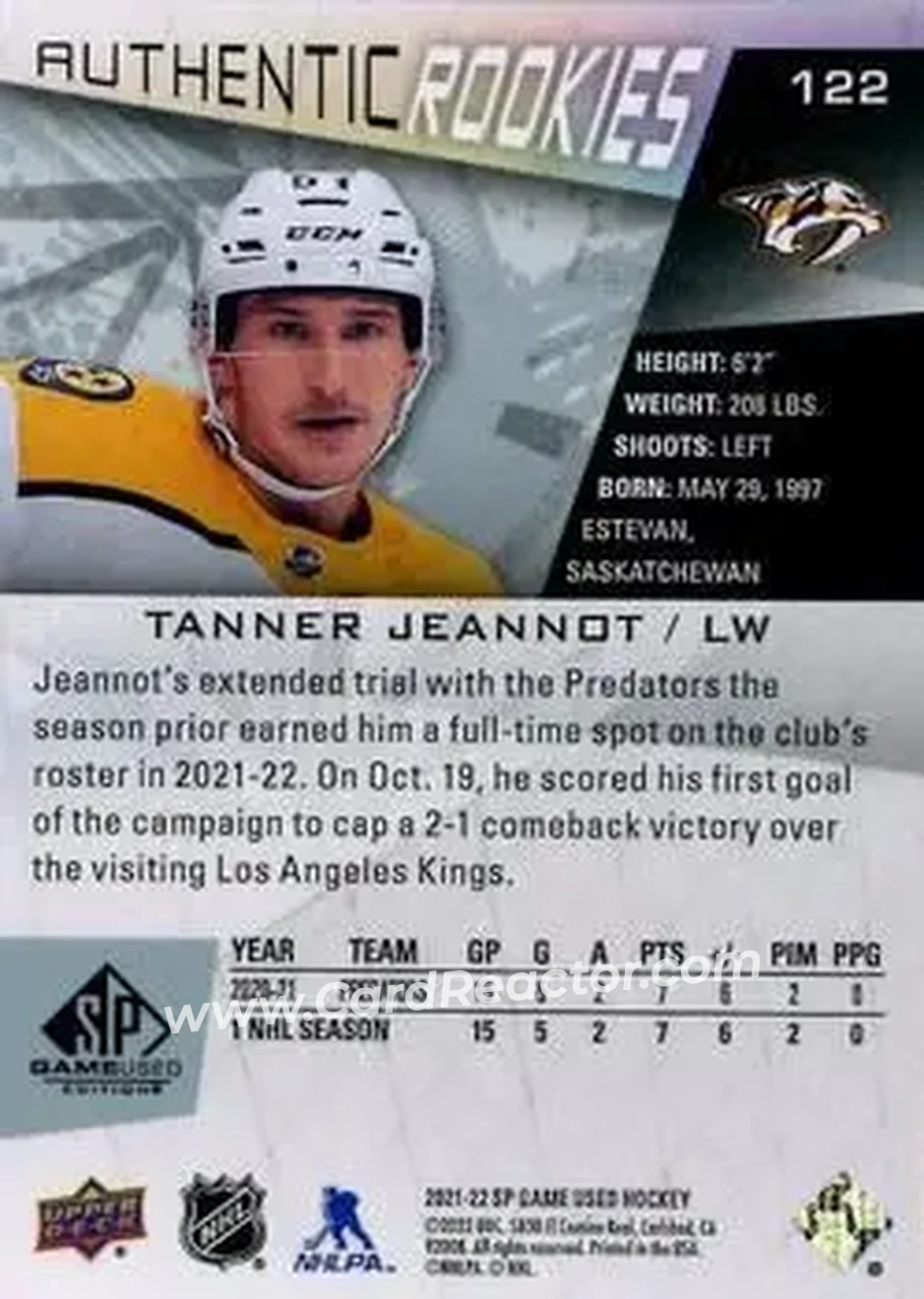 2021-22 SP Game Used #122 - Tanner Jeannot - Nashville Predators - Back