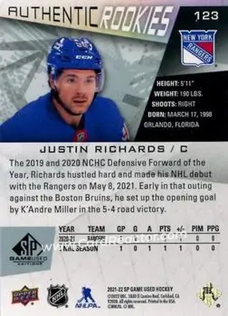 2021-22 SP Game Used #123 - Justin Richards - New York Rangers - Back