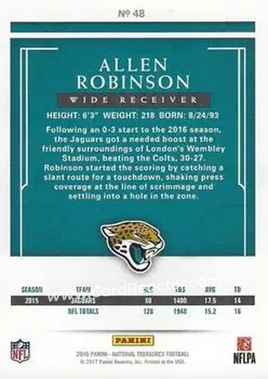2016 Panini National Treasures - Jersey Number Red #48 - Allen Robinson II - Jacksonville Jaguars - Back