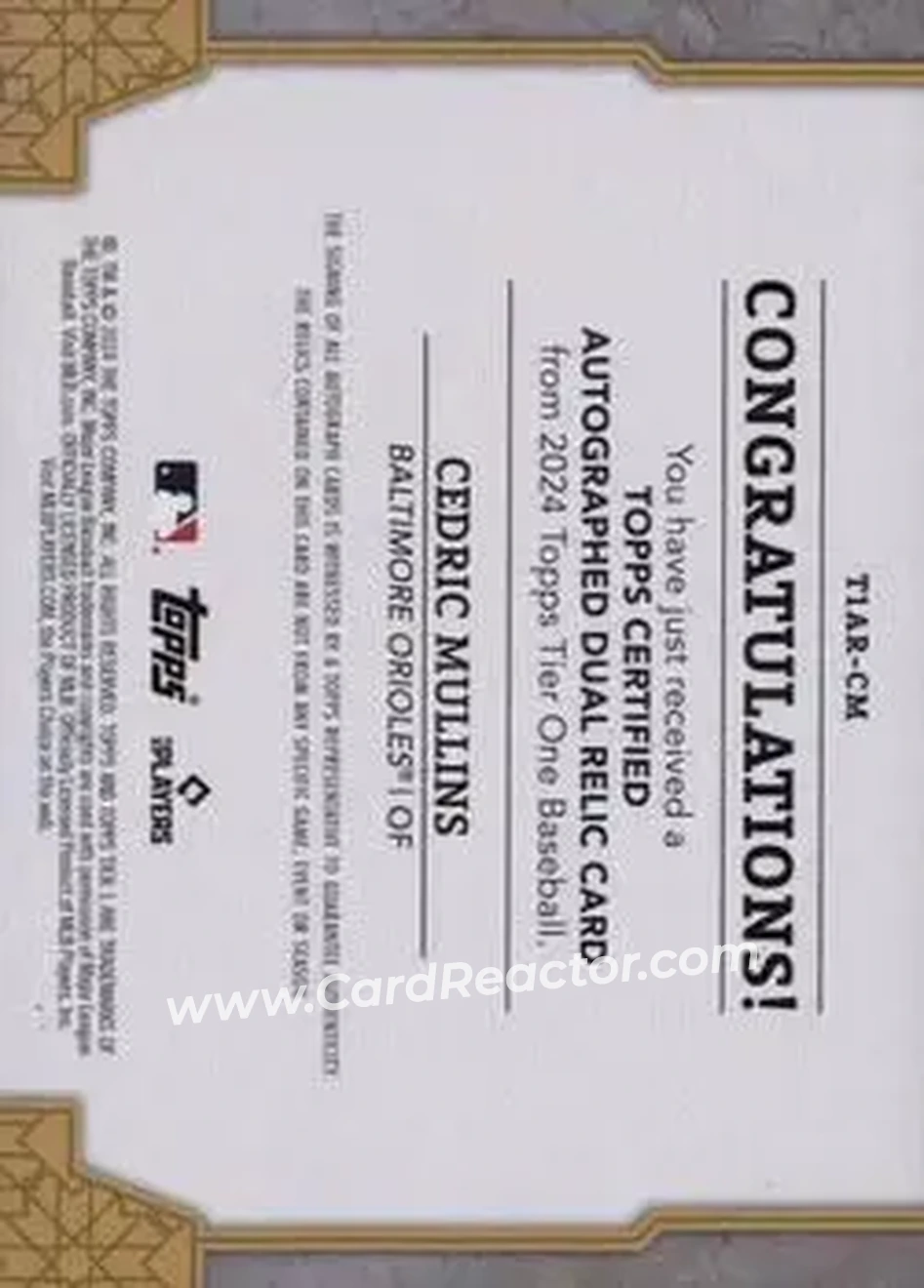 2024 Topps Tier One - Autographed Tier One Relics Dual #T1AR-CM - Cedric Mullins - Baltimore Orioles - Back 2024 Topps Tier One - Autographed Tier One Relics Dual #T1AR-CM - Cedric Mullins - Baltimore Orioles - Back
