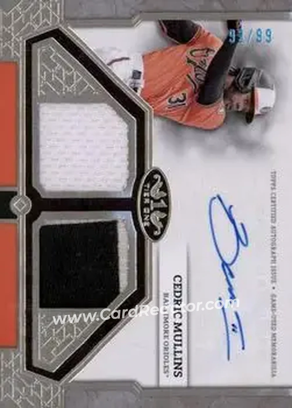 2024 Topps Tier One - Autographed Tier One Relics Dual #T1AR-CM - Cedric Mullins - Baltimore Orioles - Front 2024 Topps Tier One - Autographed Tier One Relics Dual #T1AR-CM - Cedric Mullins - Baltimore Orioles - Front