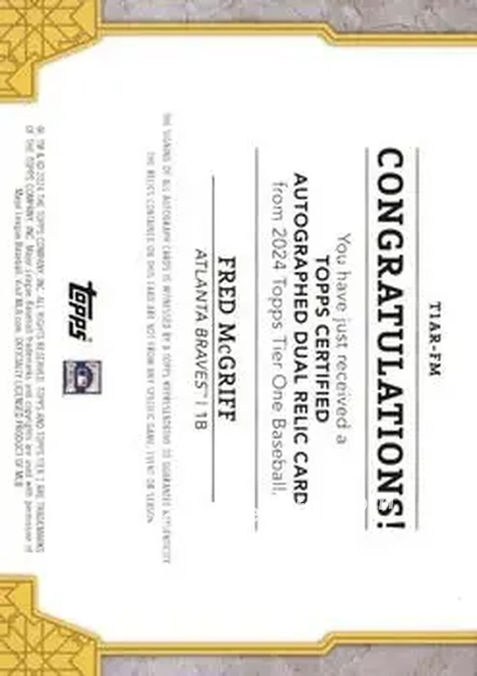 2024 Topps Tier One - Autographed Tier One Relics Dual #T1AR-FM - Fred McGriff - Atlanta Braves - Back