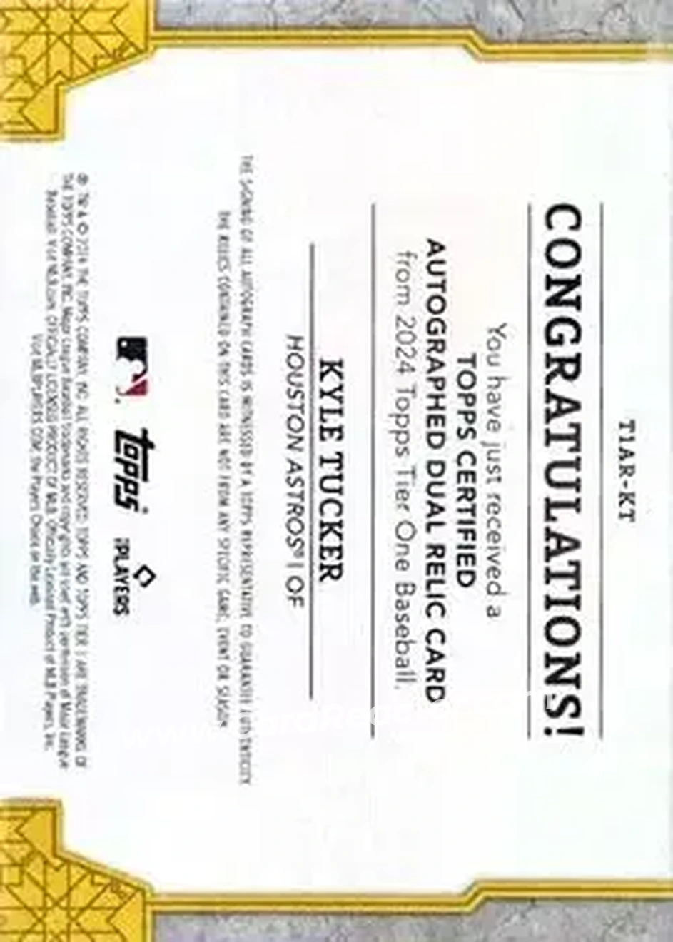 2024 Topps Tier One - Autographed Tier One Relics Dual #T1AR-KT - Kyle Tucker - Houston Astros - Back