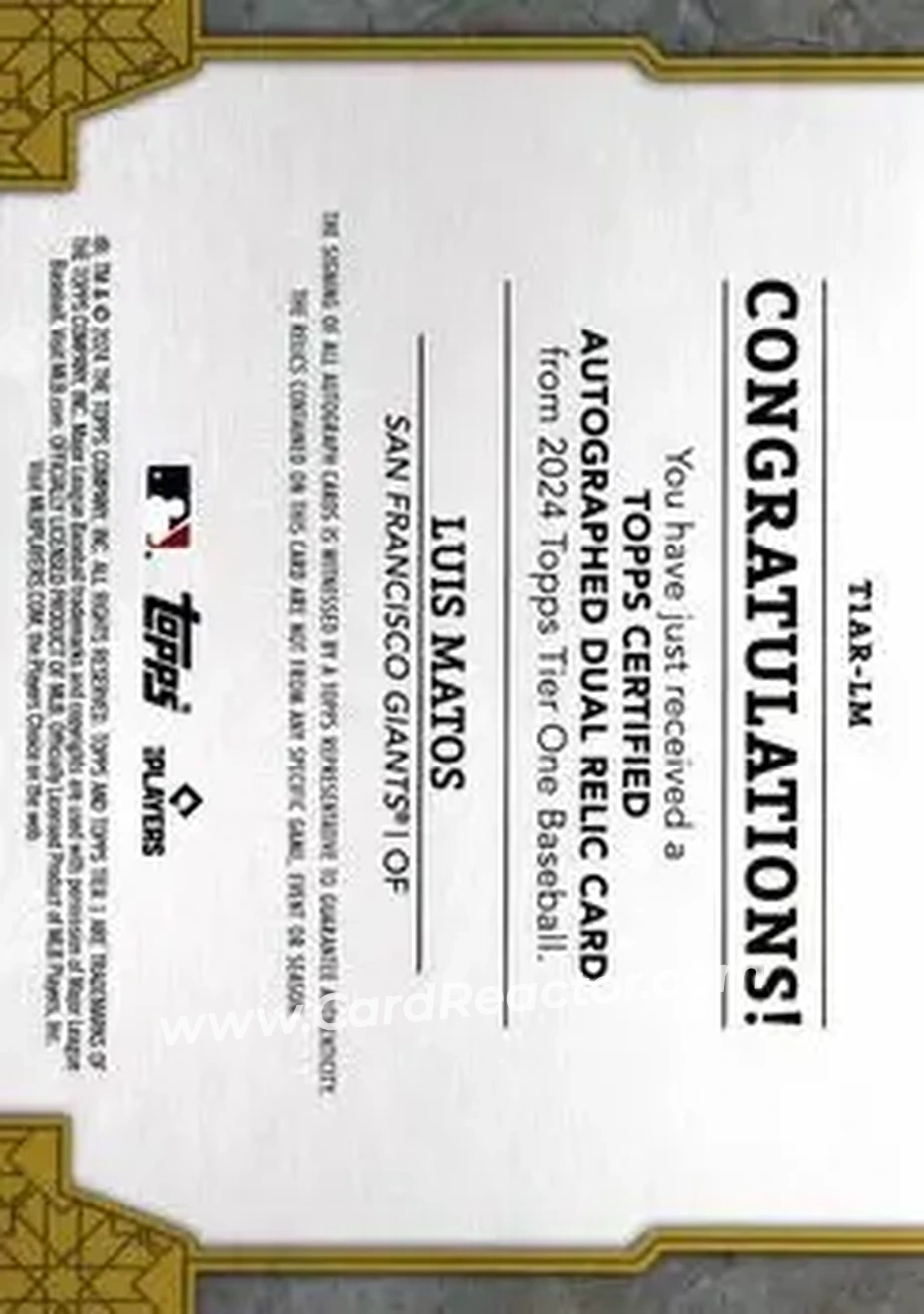2024 Topps Tier One - Autographed Tier One Relics Dual #T1AR-LM - Luis Matos - San Francisco Giants - Back