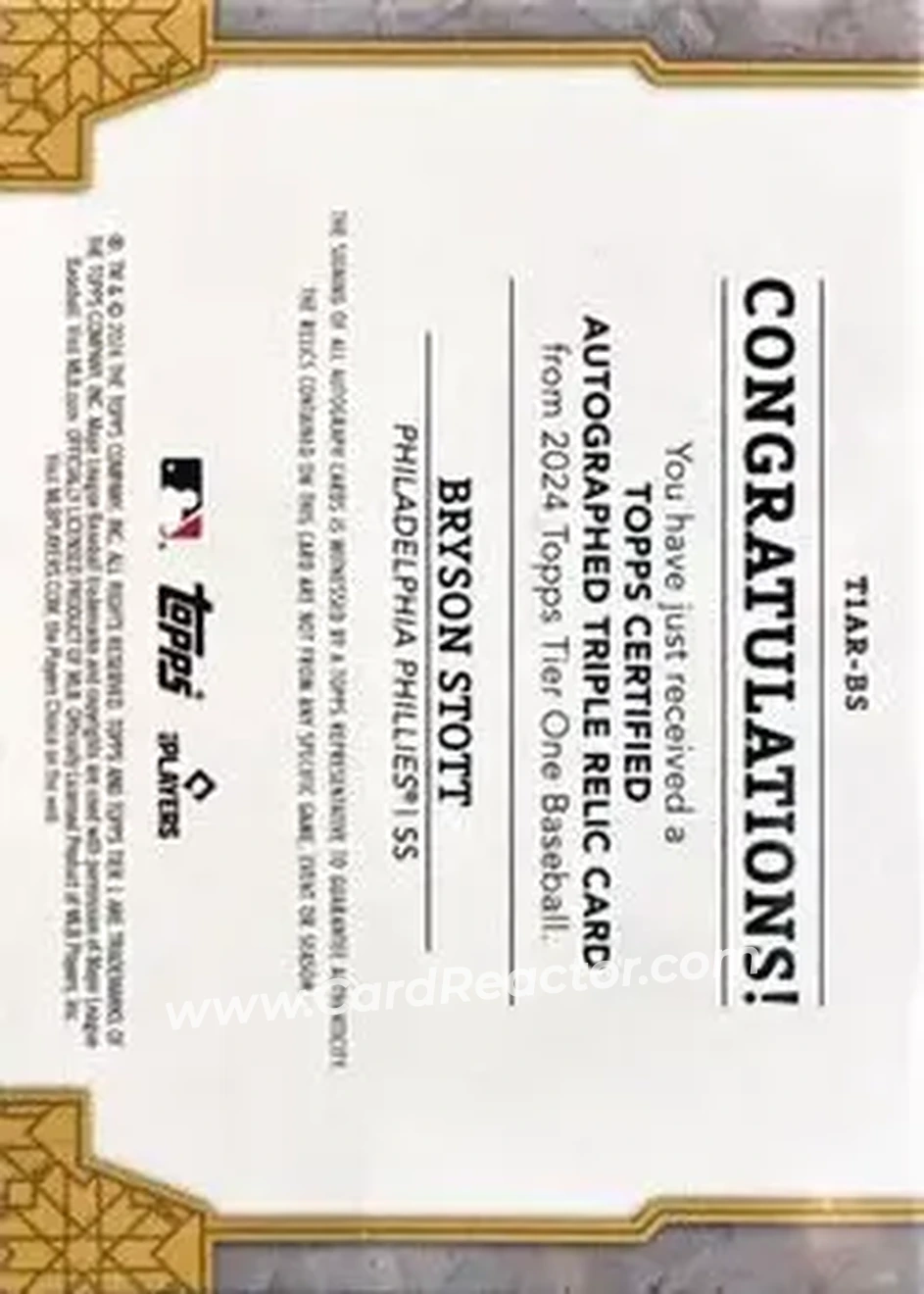 2024 Topps Tier One - Autographed Tier One Relics Triple #T1AR-BS - Bryson Stott - Philadelphia Phillies - Back