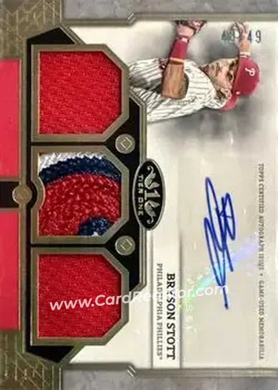 2024 Topps Tier One - Autographed Tier One Relics Triple #T1AR-BS - Bryson Stott - Philadelphia Phillies - Front