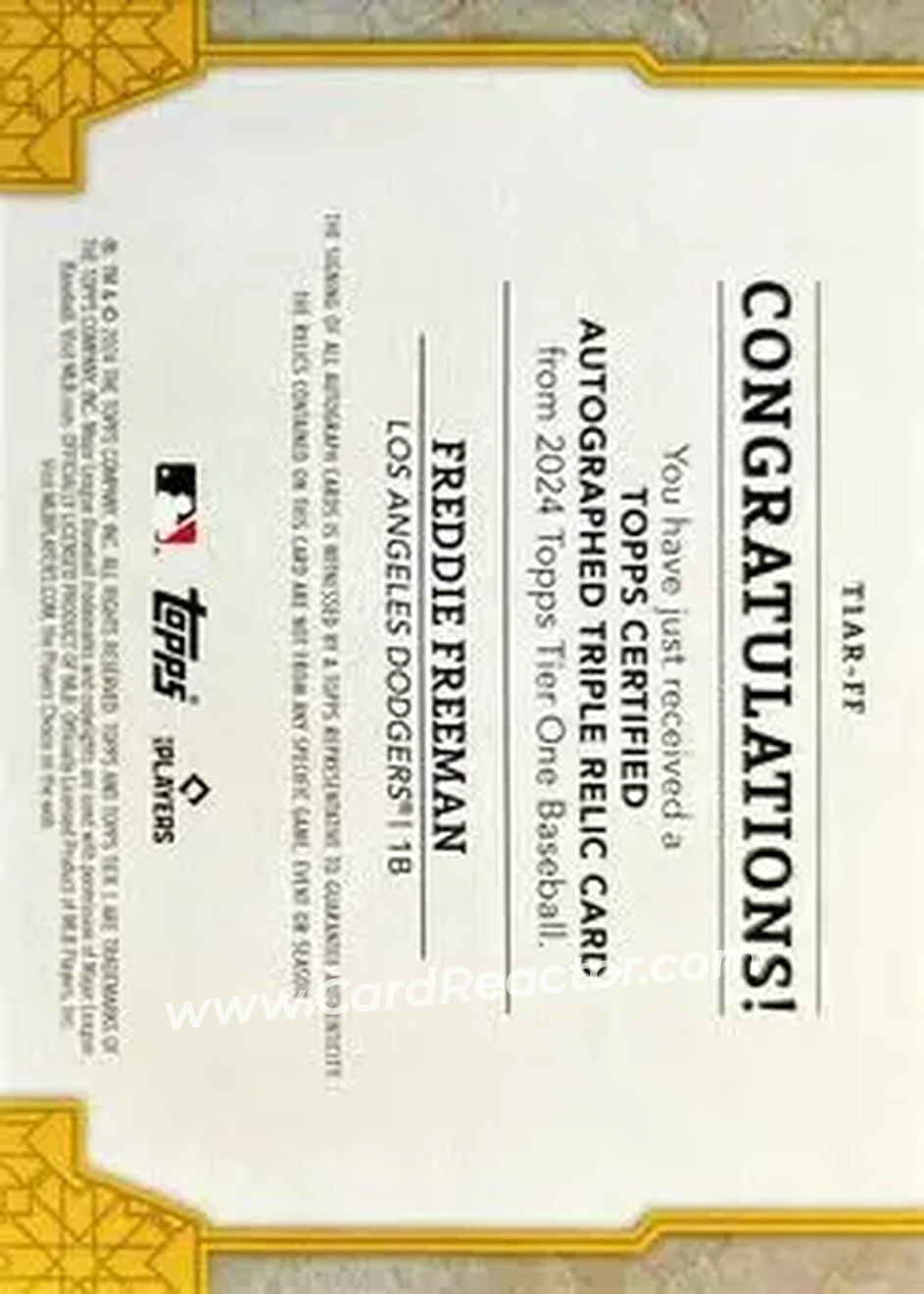 2024 Topps Tier One - Autographed Tier One Relics Triple #T1AR-FF - Freddie Freeman - Los Angeles Dodgers - Back 2024 Topps Tier One - Autographed Tier One Relics Triple #T1AR-FF - Freddie Freeman - Los Angeles Dodgers - Back