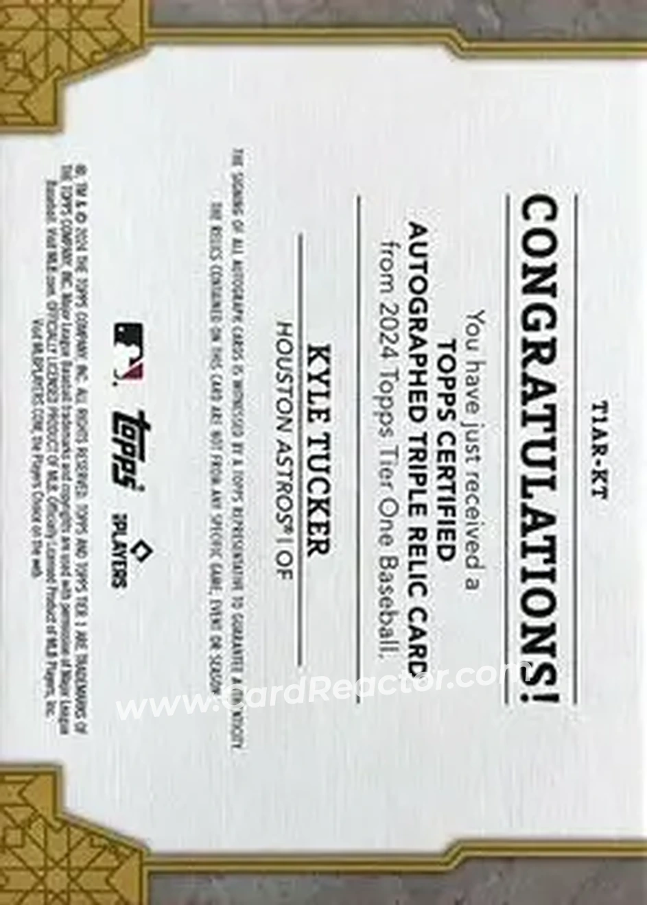 2024 Topps Tier One - Autographed Tier One Relics Triple #T1AR-KT - Kyle Tucker - Houston Astros - Back