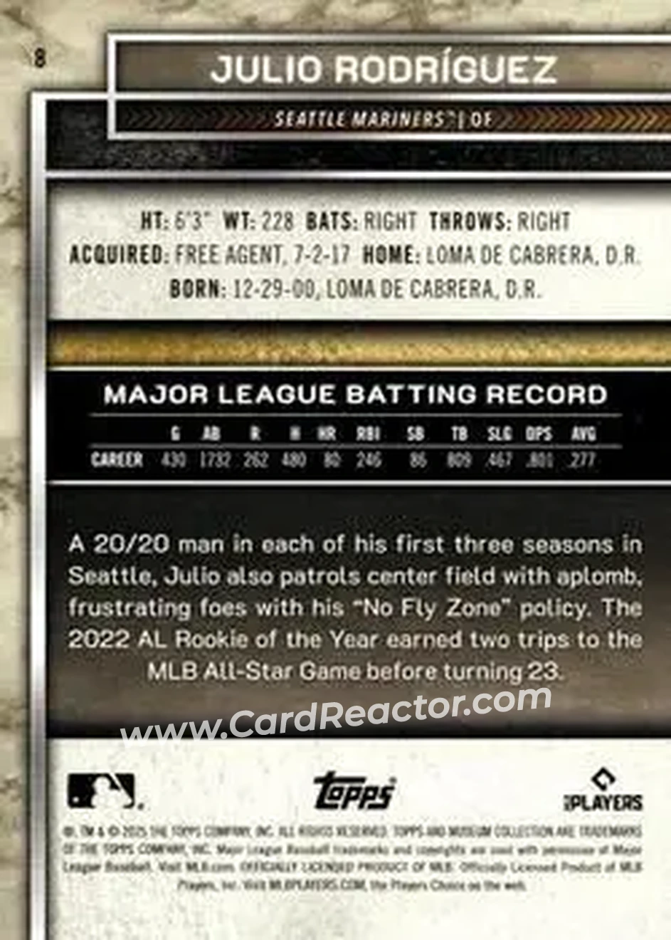2025 Topps Museum Collection - Amethyst #8 - Julio Rodríguez - Seattle Mariners - Back 2025 Topps Museum Collection - Amethyst #8 - Julio Rodríguez - Seattle Mariners - Back