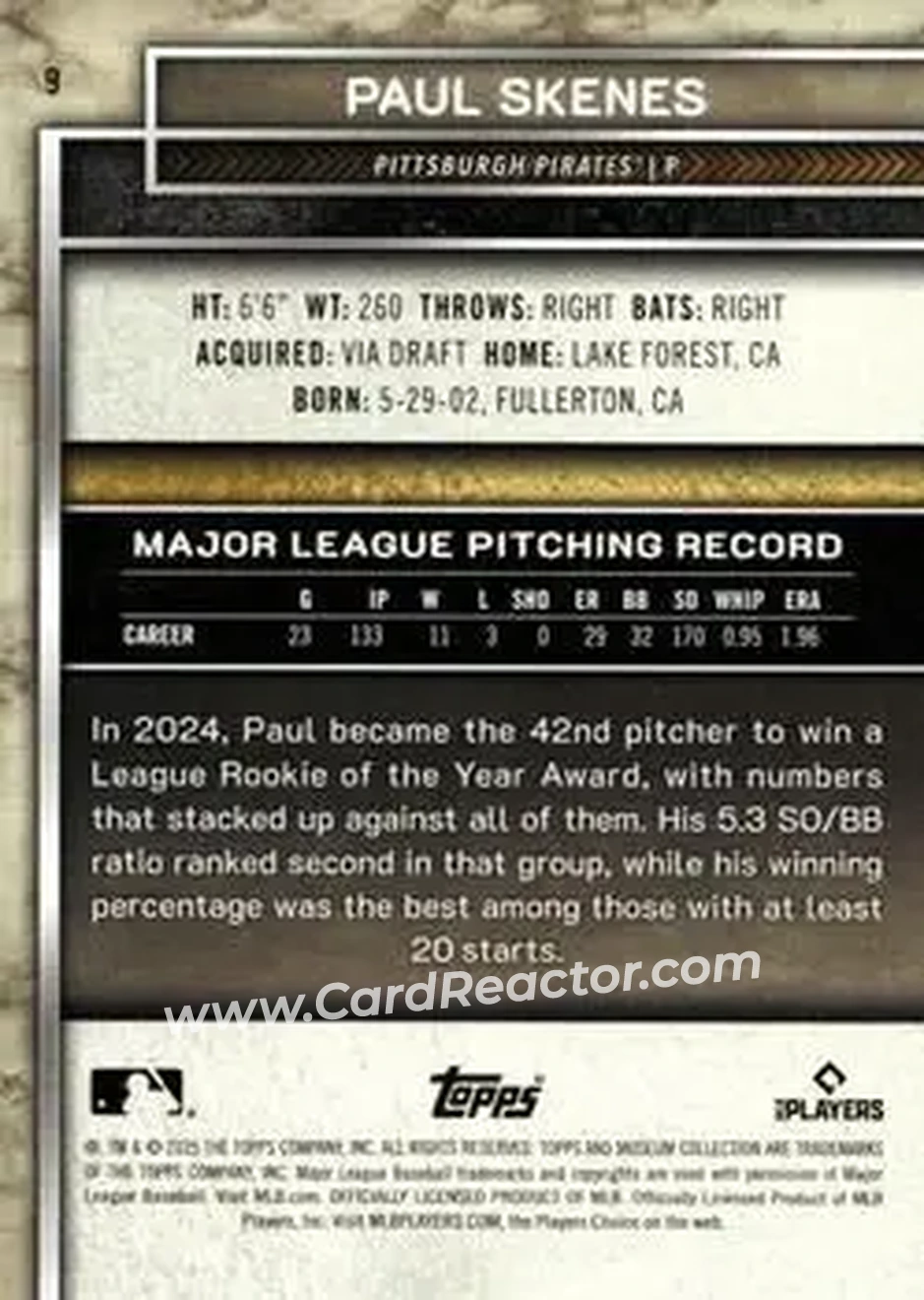 2025 Topps Museum Collection - Amethyst #9 - Paul Skenes - Pittsburgh Pirates - Back