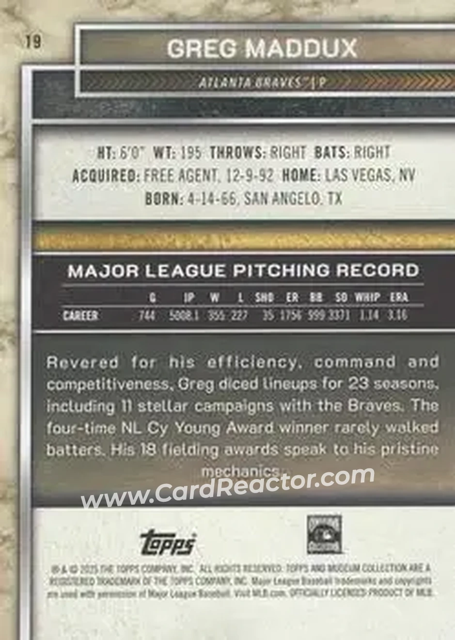 2025 Topps Museum Collection - Amethyst #19 - Greg Maddux - Atlanta Braves - Back