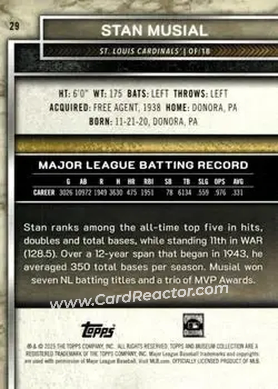 2025 Topps Museum Collection - Amethyst #29 - Stan Musial - St. Louis Cardinals - Back