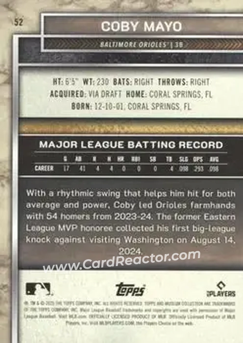 2025 Topps Museum Collection - Black Diamond #52 - Coby Mayo - Baltimore Orioles - Back