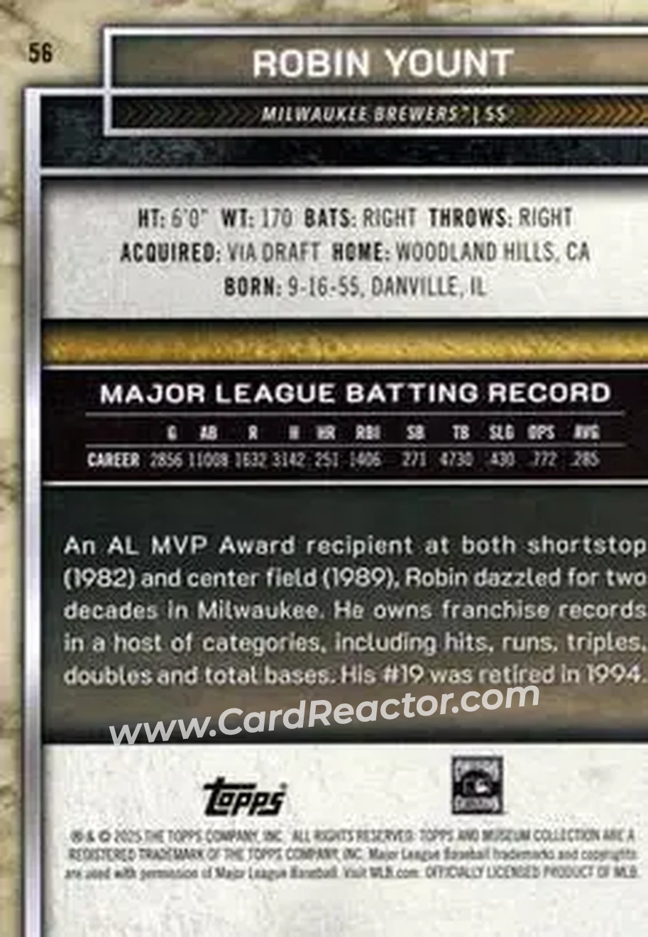 2025 Topps Museum Collection - Black Diamond #56 - Robin Yount - Milwaukee Brewers - Back