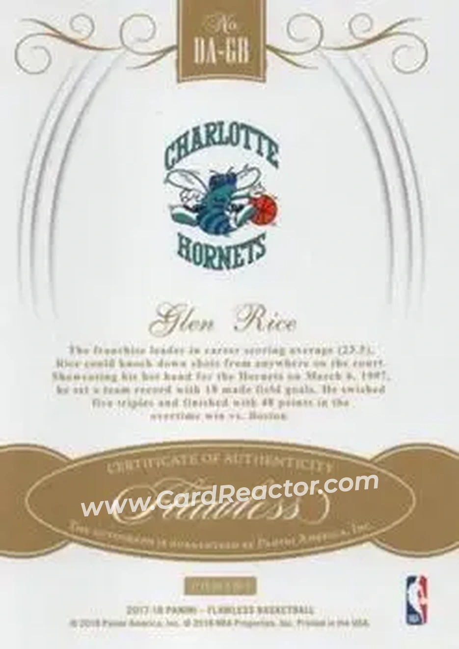 2017-18 Panini Flawless - Distinguished Autos #DA-GR - Glen Rice - Charlotte Hornets - Back