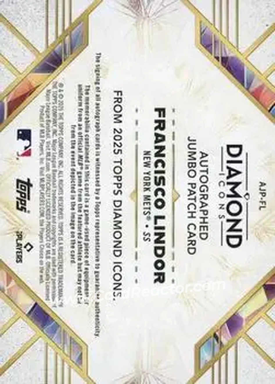 2025 Topps Diamond Icons - Autographed Jumbo Patches #AJP-FL - Francisco Lindor - New York Mets - Back