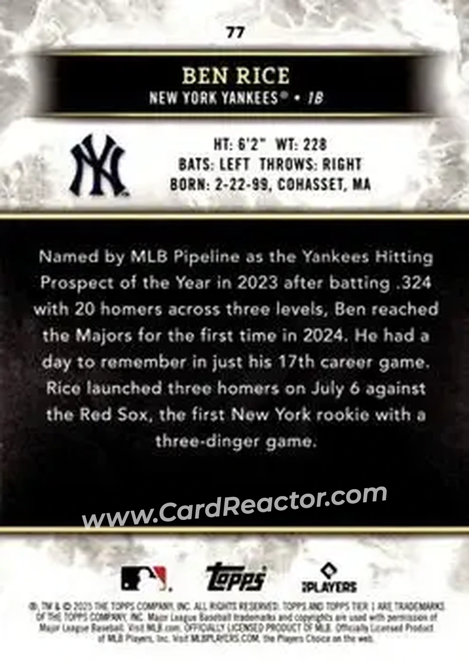 2025 Topps Tier One - Pink Foil #77 - Ben Rice - New York Yankees - Back 2025 Topps Tier One - Pink Foil #77 - Ben Rice - New York Yankees - Back