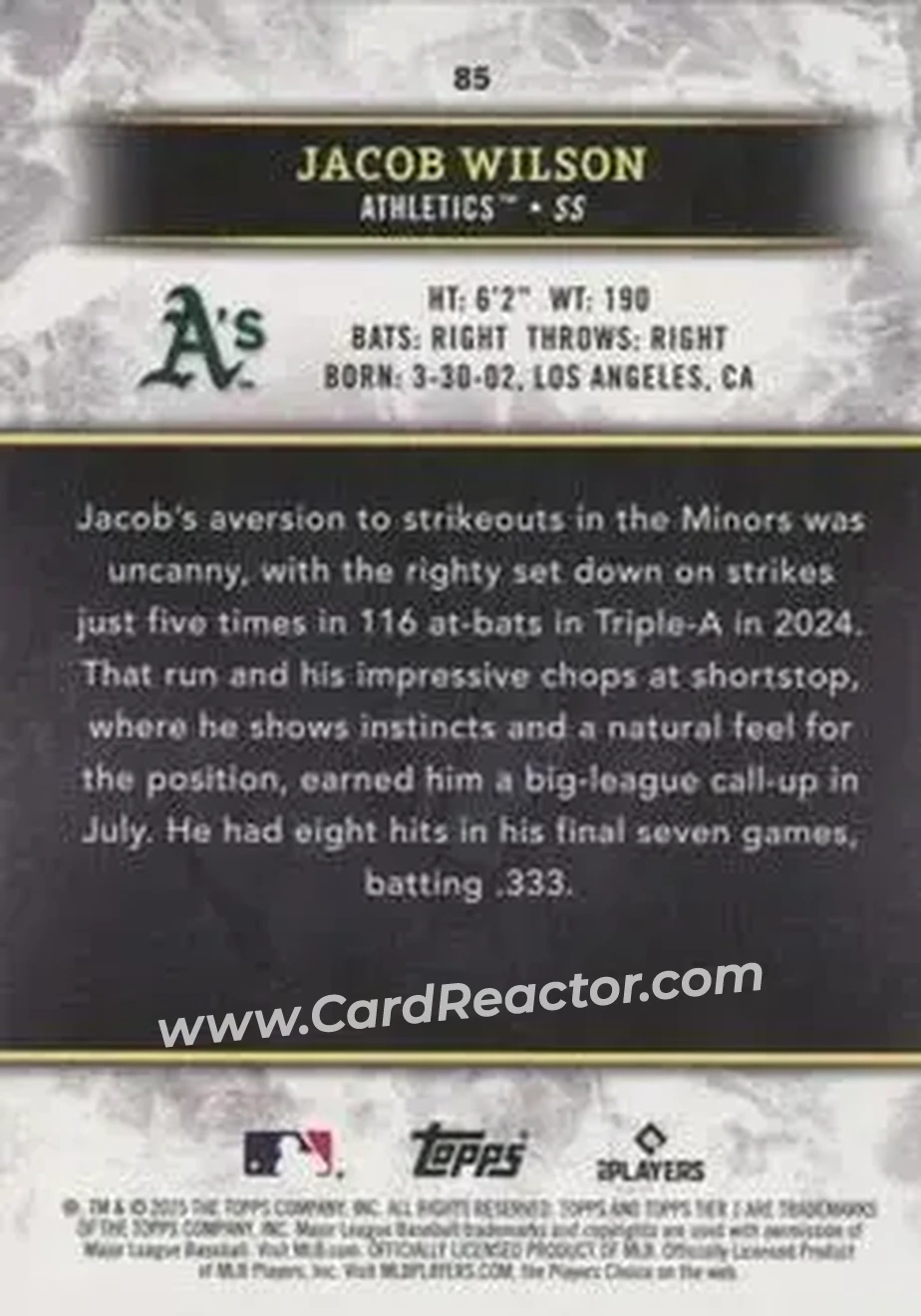 2025 Topps Tier One - Pink Foil #85 - Jacob Wilson - Athletics - Back 2025 Topps Tier One - Pink Foil #85 - Jacob Wilson - Athletics - Back