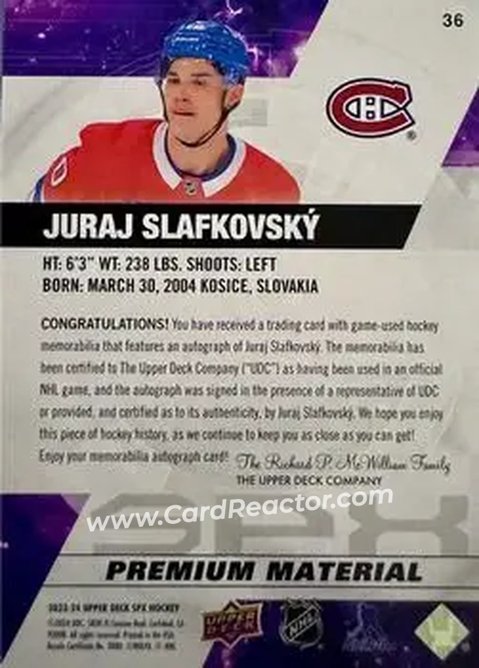 2023-24 SPx - Autographs Premium #36 - Juraj Slafkovsky - Montreal Canadiens - Back